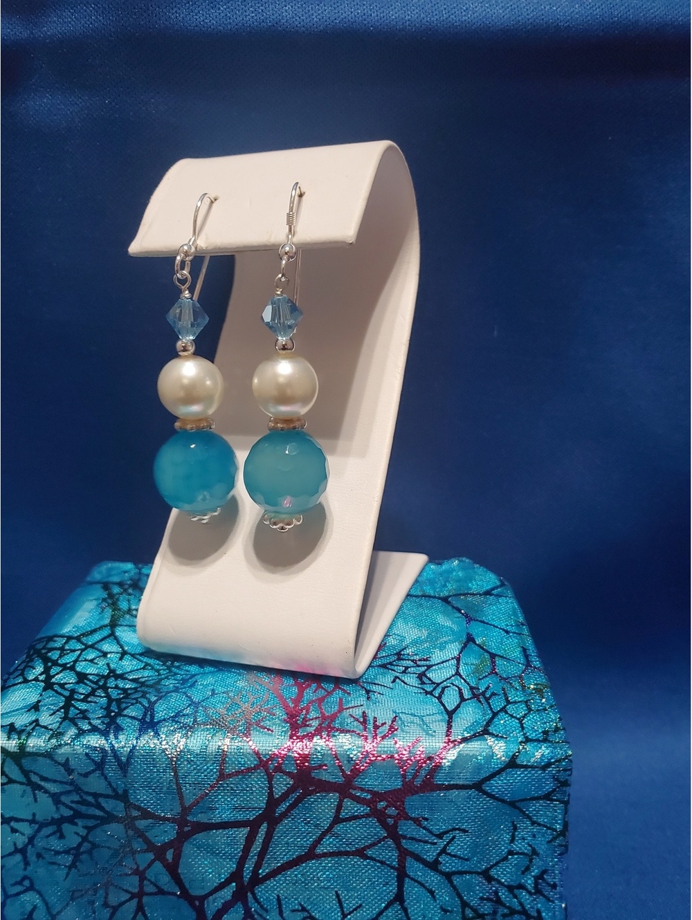 Blue Agate Pearl Drop Earrings Blue Crystal 925 Sterling Silver Handmade